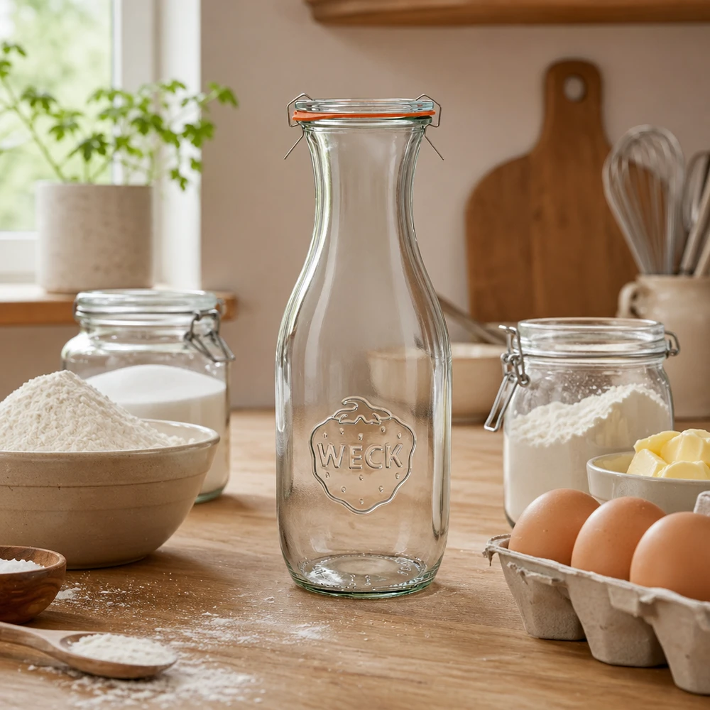 WECK Bouteille de jus 1062ml RR60 vide dans une cuisine rustique avec des ingrédients de boulangerie farine œufs et ustensiles de cuisine