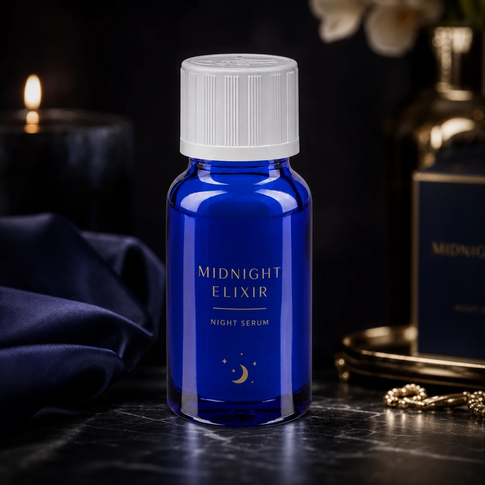 Flacon à usage pharmaceutique bleu 10ml bouchon compte-gouttes blanc séc. enf. 0.8mm Sérum de nuit Midnight Elixir présenté dans un flacon compte-gouttes de 10 ml en verre d'apothicaire bleu cobalt posé sur du marbre