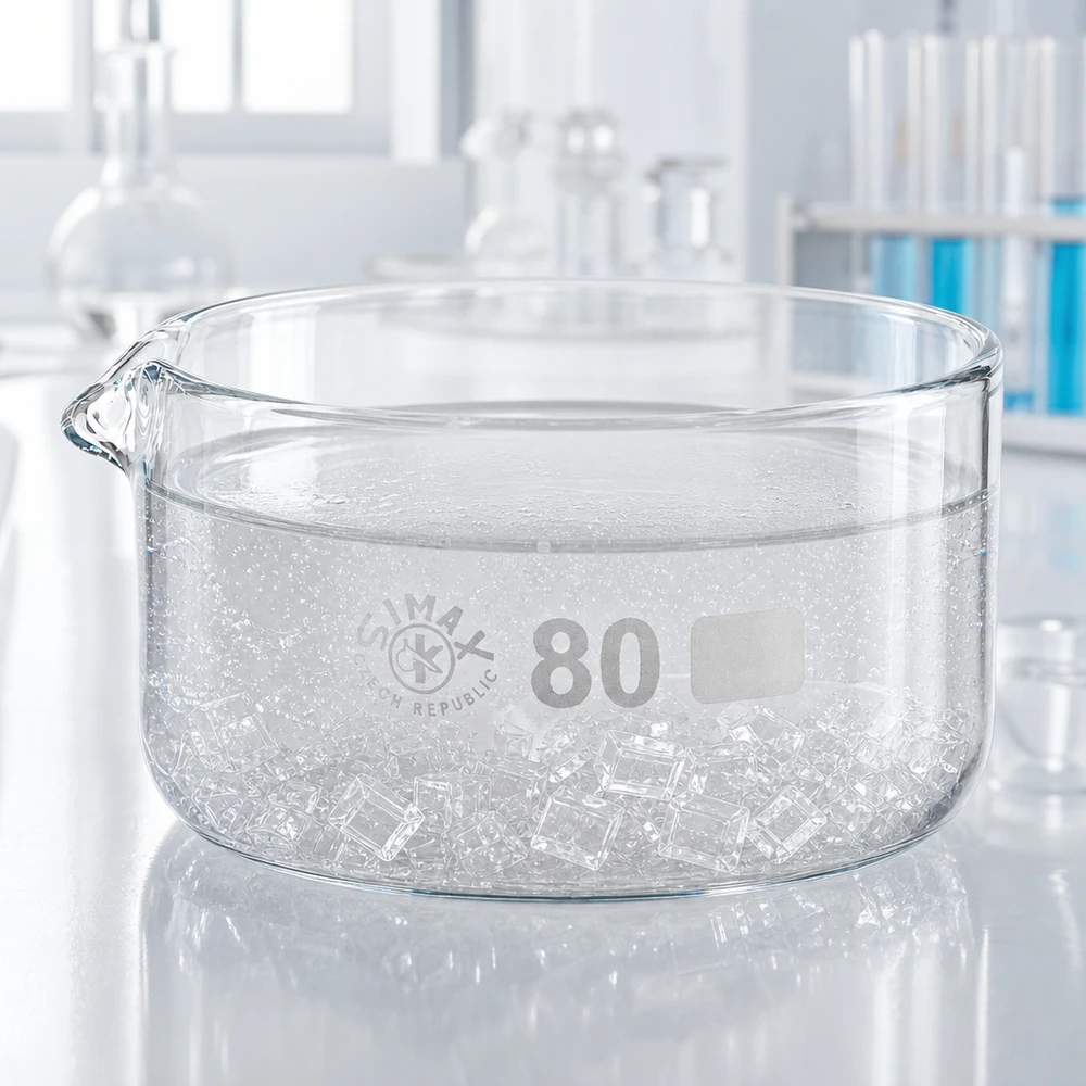 Coupelle de cristallisation 150 ml avec bec verseur Coupelle de cristallisation plate de 150 ml avec glaçons et bec verseur, en verre de laboratoire transparent, ø 80 mm