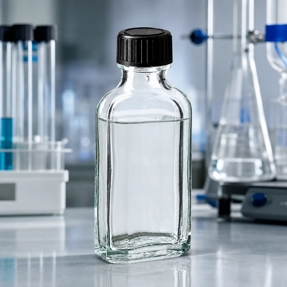 Flasque transparente de 50 ml au goulot DIN 22, avec bouchon à vis DIN 22 noir et joint PEE Flacon en verre Meplat transparent de 50 ml, muni d'un joint en EPE et d'un bouchon noir, utilisé en milieu de laboratoire