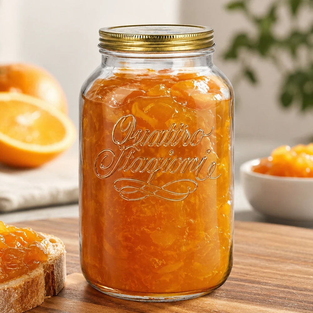3800ml verre rond « Quattro Stagioni » avec couvercle Quattro Stagioni 3800ml Bocal rempli de marmelade d'orange sur planche en bois avec oranges fraîches et pain