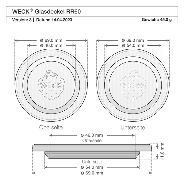 Mini bocal tulipe WECK 220 ml complet avec cuillère à miel et nud WECK couvercle en verre RR60 Dimensions et mesures 69mm diamètre 11mm hauteur dessin technique spécification du produit