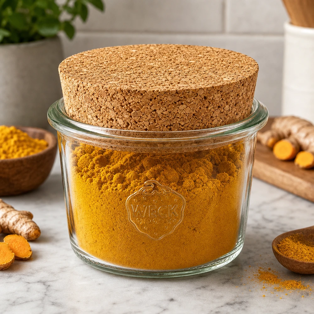 WECK Pot renversé 80ml RR60 avec bouchon naturel rempli de poudre de curcuma pour la conservation des épices dans la cuisine