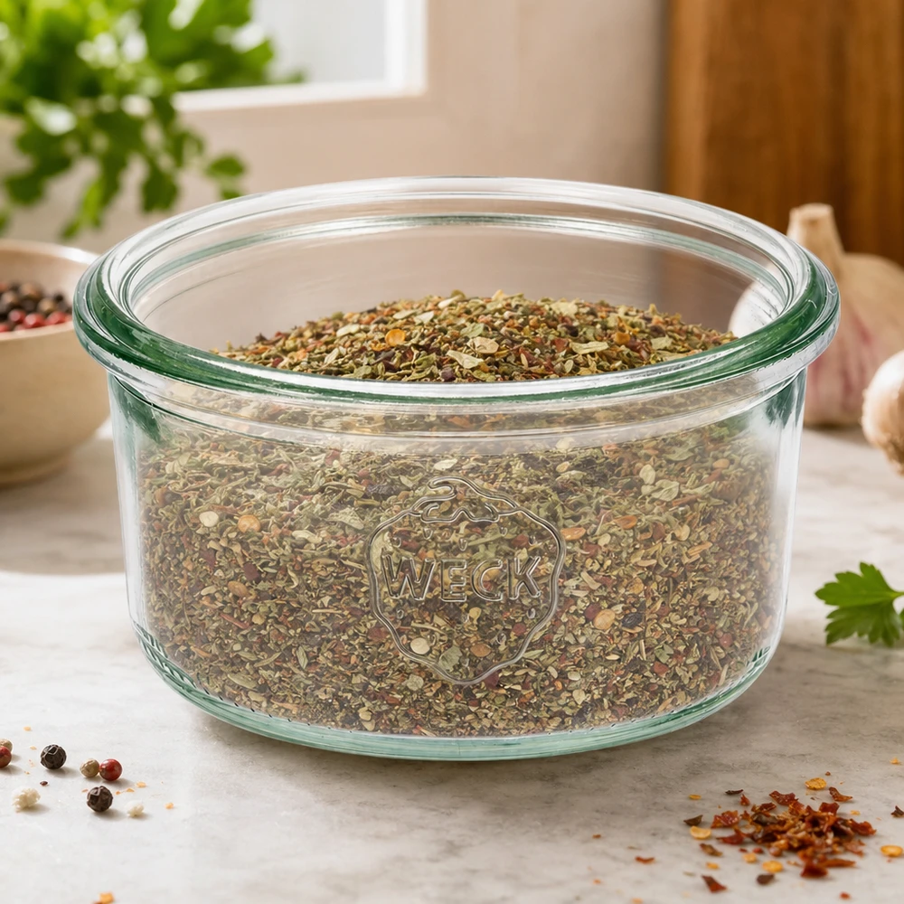 Bocal WECK RR80 de 165 ml WECK Verre renversé 165ml RR80 rempli d'herbes aromatiques sur un comptoir de cuisine avec des épices et des plantes en arrière-plan