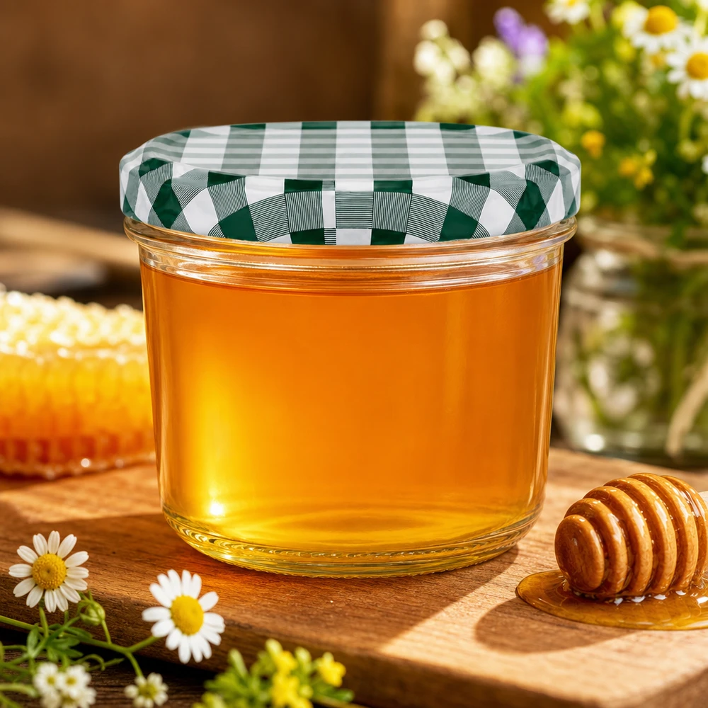 230ml Verre conique avec couvercle BasicSeal vert/blanc UNiTWIST 230ml pot renversé rempli de miel pot à miel BasicSeal couvercle vert et blanc à carreaux dipper à miel planche en bois décoration