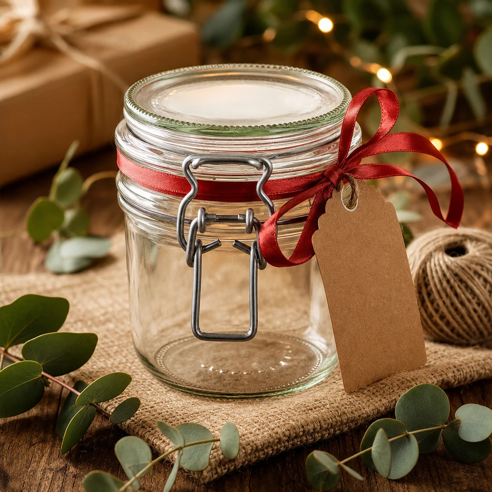 Bocal de conservation de 255 ml, type G, avec bouchon à clip UN.. 255ml Vorratsglas mit Bügelverschluss als Geschenkidee mit roter Schleife und Geschenkanhänger dekoriert