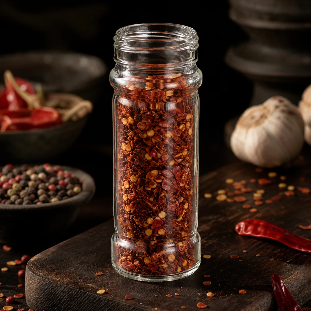 Pot à épices « Mary » de 100 ml rempli de flocons de piment, à côté d'ail et de grains de poivre
