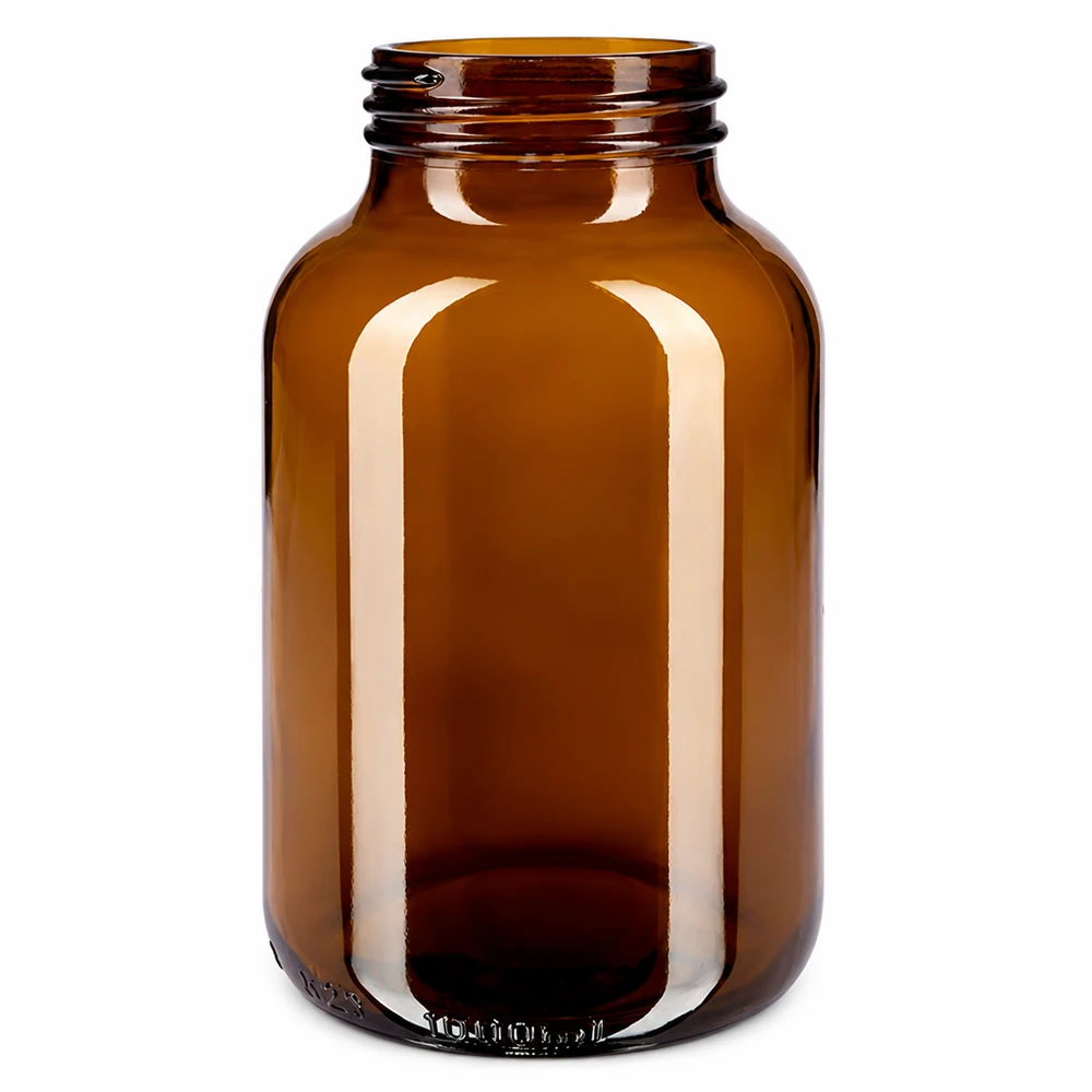 Bocal à col large en verre ambré 1000 ml, goulot DIN 68, sans couvercle Bernsteinfarbene Glasflasche 1000ml mit breiter Öffnung für Pulver und Flüssigkeiten