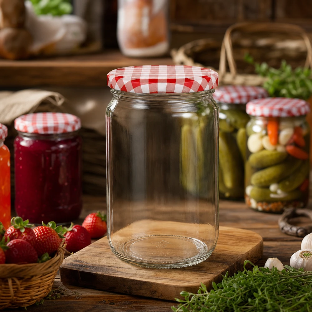 795ml Verre rond avec couvercle BasicSeal rouge/blanc UNiTWIST Pot rond de 795 ml avec couvercle rouge et blanc sur une planche en bois dans une cuisine rustique, entouré de bocaux et d'ingrédients