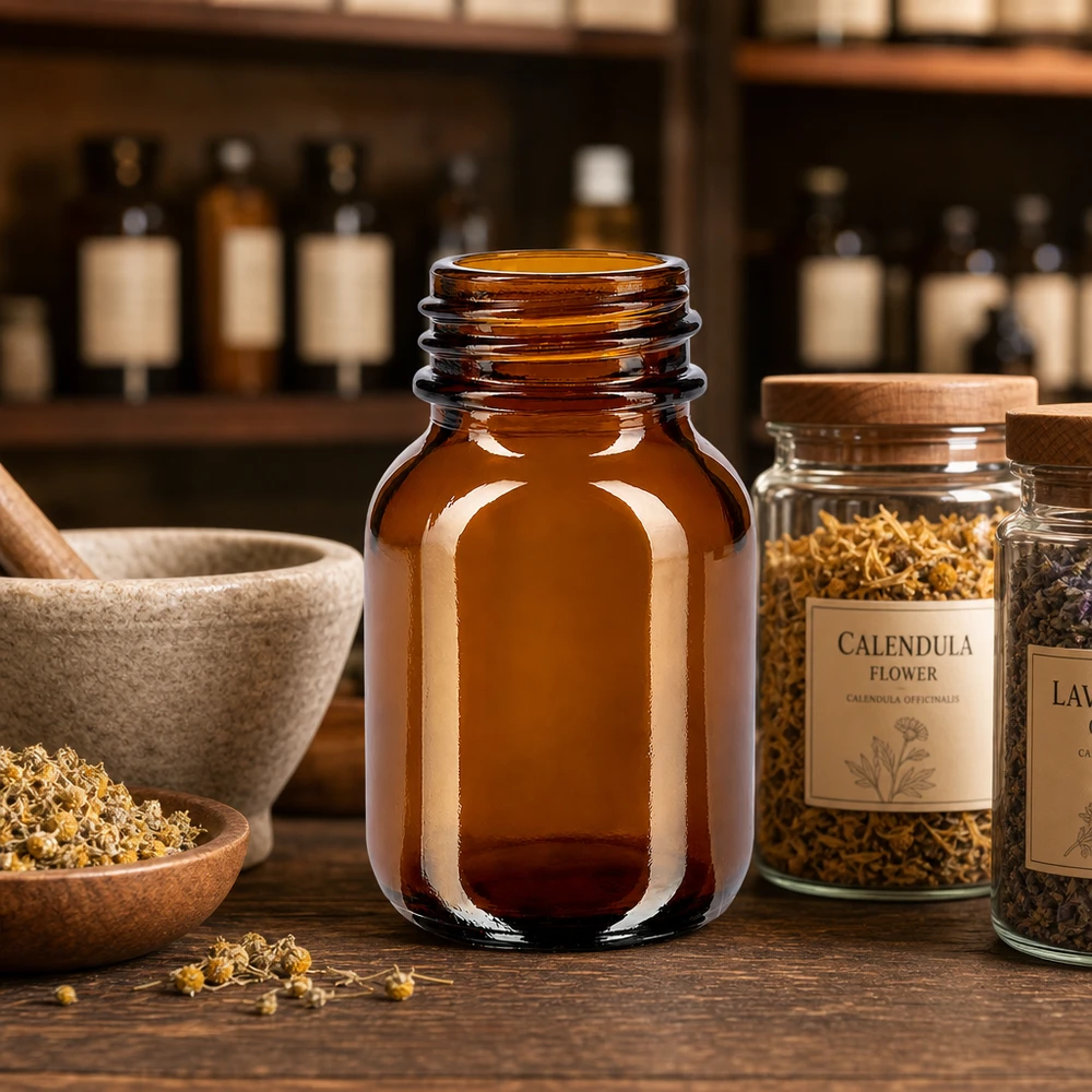 Bouteille compacte à col large de 50 ml en verre brun de haute qualité pour les pharmacies et les laboratoires