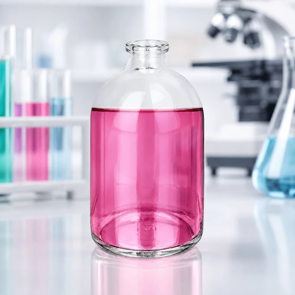 Flacon pour solution injectable, 100 ml en verre clair Großaufnahme einer 100ml Injektionsflasche Klarglas mit pink gefärbtem Labormedium