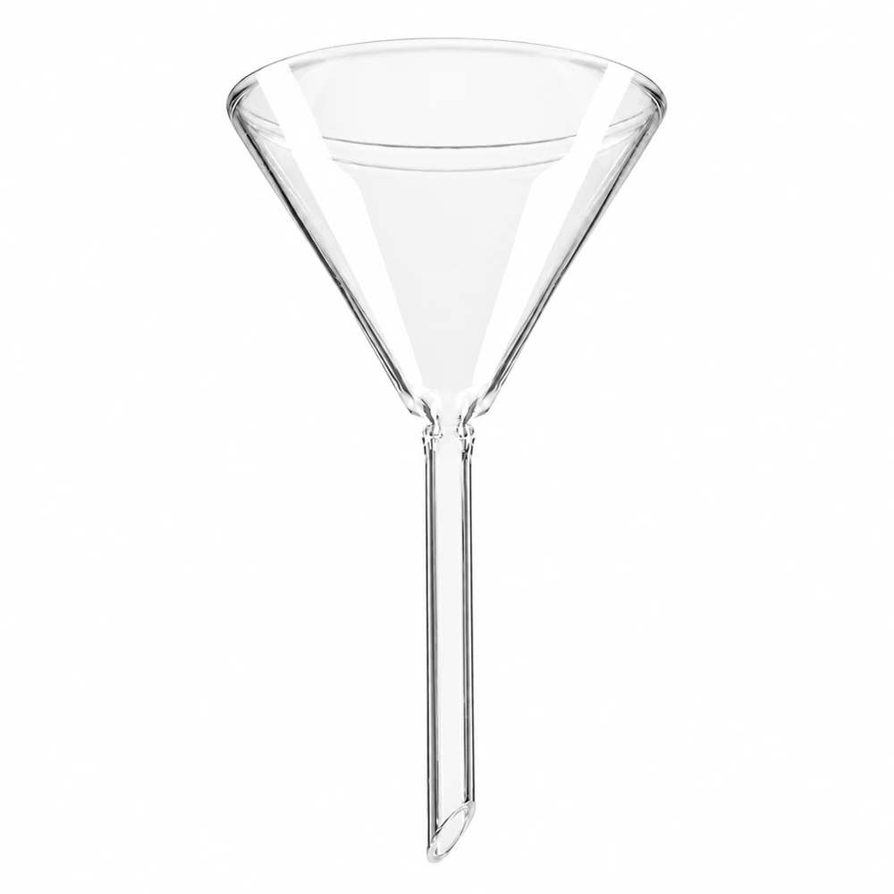 Entonnoir en verre de 70 mm de diamètre en verre sodocalcique avec manche court pour un transvasement précis