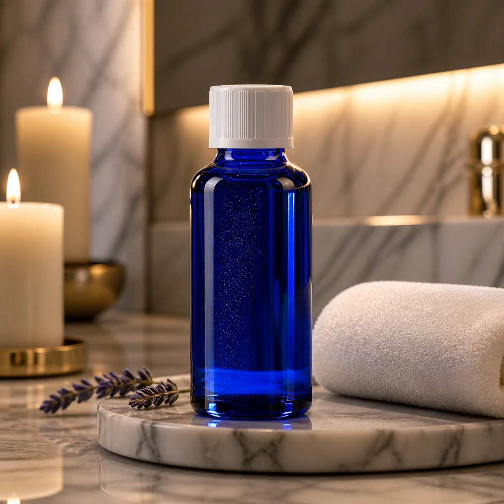 Flacon à pharmacie bleu 30ml bouchon anti-goutte blanc séc. enf. std Flacon en verre luxueux de 30 ml, bleu cobalt, muni d'un bouchon de sécurité blanc, présenté sur un élégant plateau en marbre