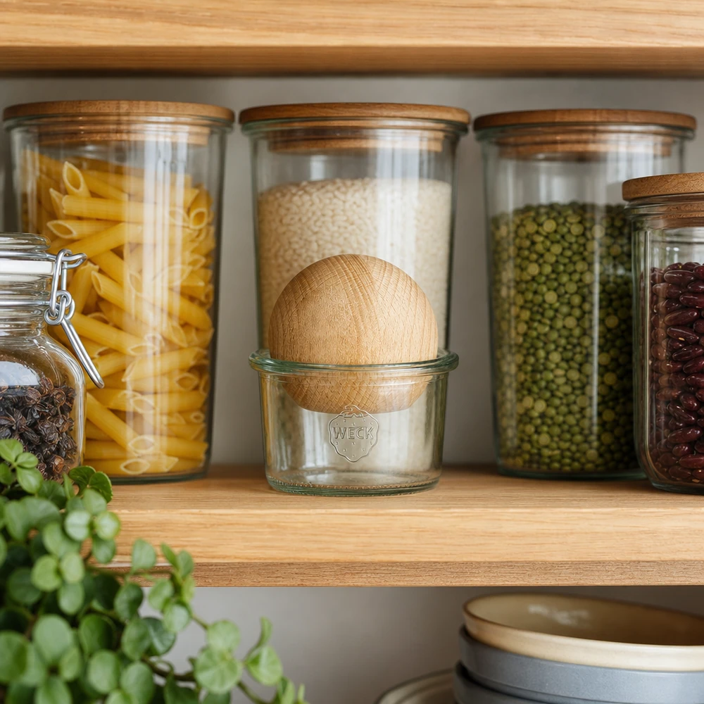 WECK Verre renversé 200ml RR80 avec boule en bois sur l'étagère à provisions entre les pâtes et les légumineuses, organisation élégante de la cuisine