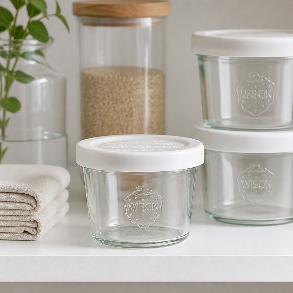 35ml bocal conique avec couvercle fraîcheur WECK RR40 WECK Verre renversé 35ml RR40 dans une étagère de cuisine moderne avec d'autres bocaux à provisions, solution de conservation élégante