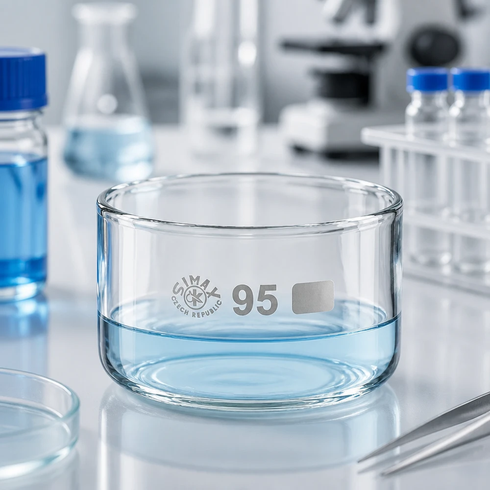 Coupelle de cristallisation 300 ml sans bec verseur Coupelle de cristallisation de 300 ml contenant un liquide bleu, en verre borosilicaté Simax, ø 95 mm