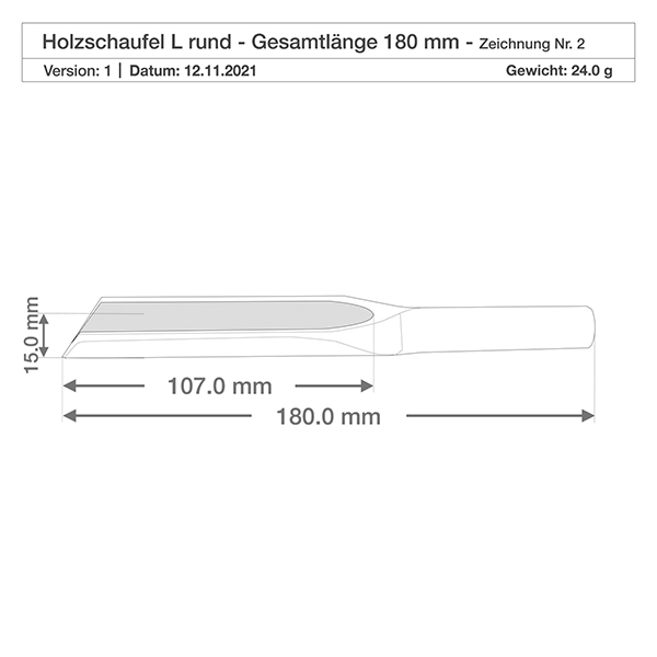 Dessin détaillé de la pelle en bois L avec dimensions 107mm Lame de la pelle 180mm Longueur totale 15mm Hauteur Spécification du produit