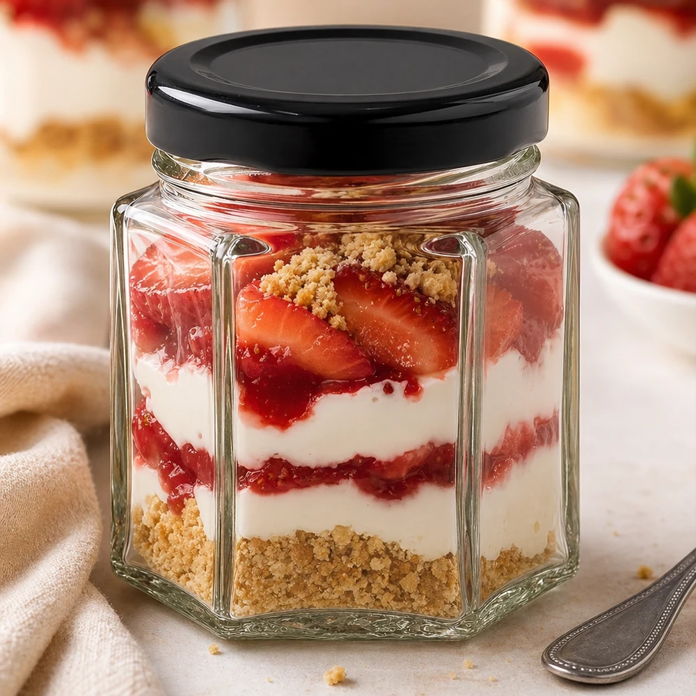 Verre hexagonal de 47 ml avec couvercle noir comme verre à dessert avec des couches de fraises, de crème et de miettes de biscuits