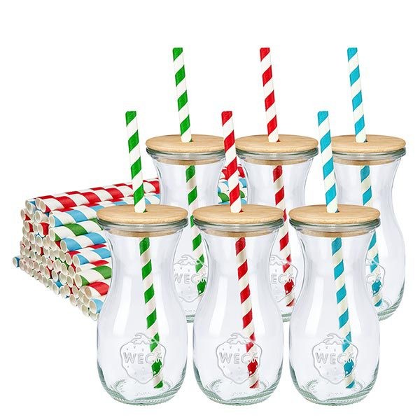 Bocal conique WECK 290 ml (1/5 L) avec couvercle 6 WECK Bouteilles de jus 290ml avec couvercle en bois et pailles en papier écologique multicolore vert rouge bleu rayé Set de bouteilles en verre