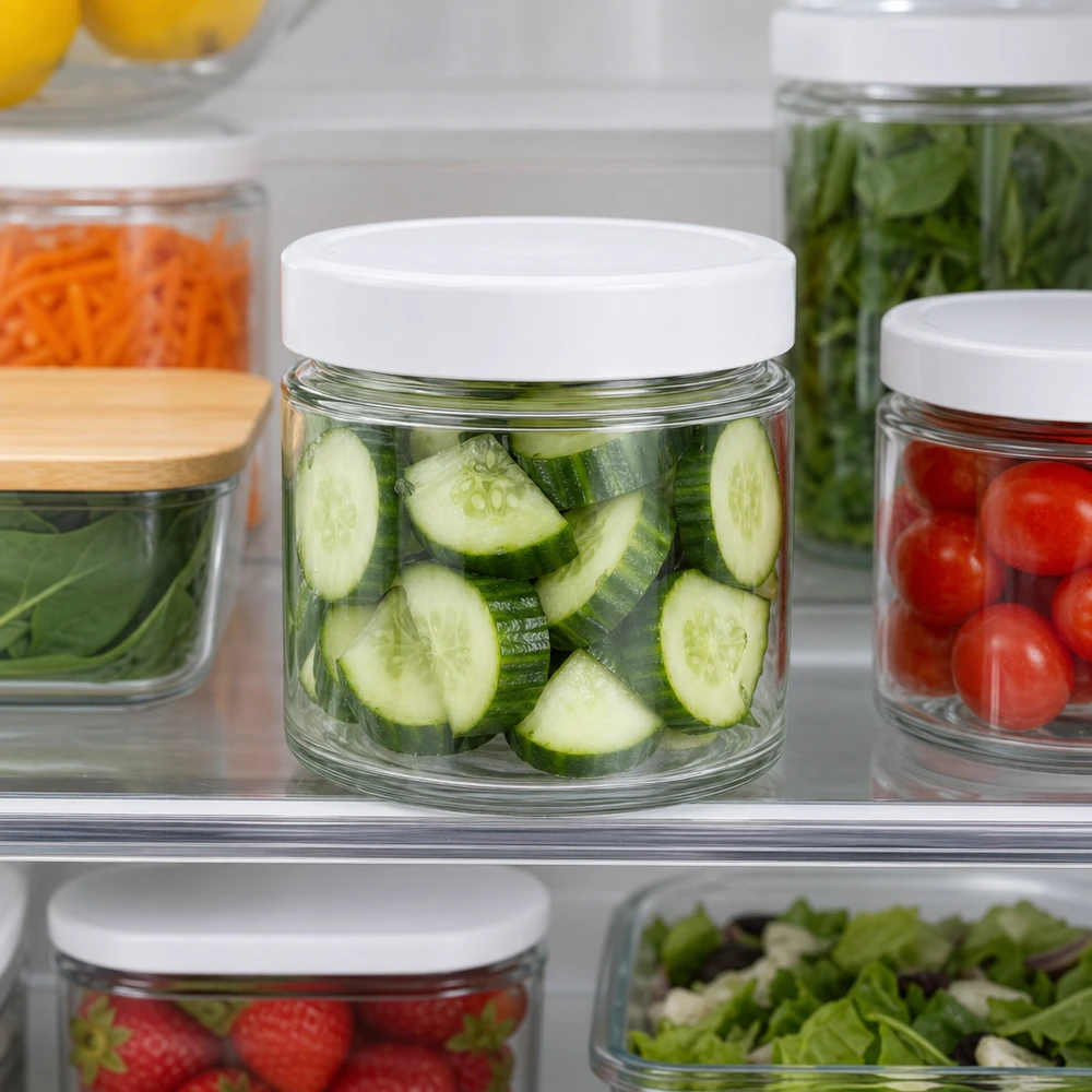 135ml Bocal rond BasicSeal couvercle blanc Réfrigérateur Meal Prep Concombres coupés Conservation des légumes Conservation de la fraîcheur