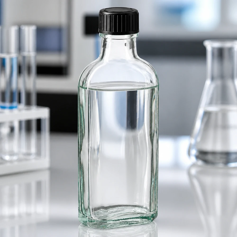 Flacon rectangulaire en verre de 100 ml muni d'un bouchon à vis noir, rempli à moitié d'un liquide transparent, dans un laboratoire