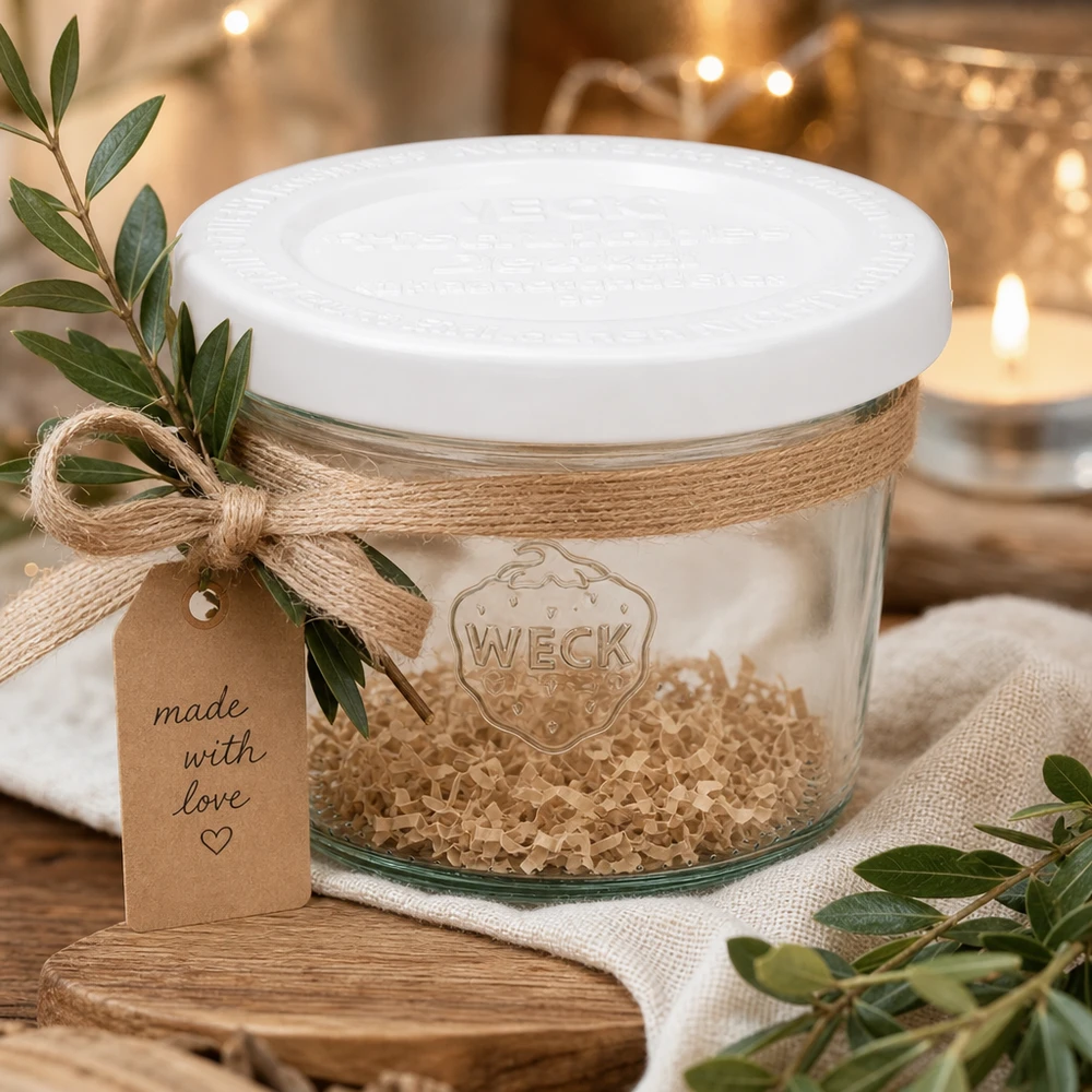 WECK Pot renversé de 80 ml RR60 arrangé de manière décorative avec une étiquette cadeau en jute et des branches d'olivier sur un bois rustique