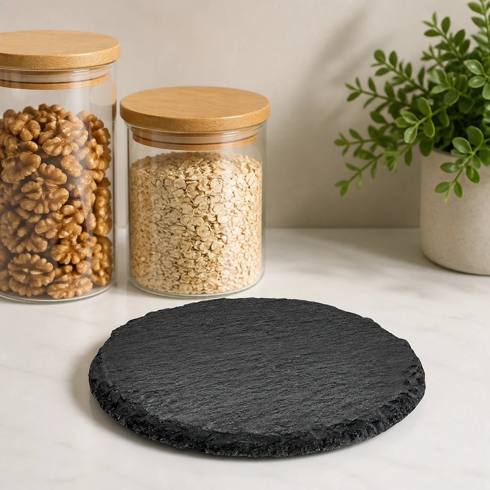 Plateau en ardoise rond Ø 150 mm Ardoise ronde de 15 cm de diamètre sur un comptoir de cuisine blanc, à côté de bocaux à provisions contenant des noix et des flocons d'avoine.