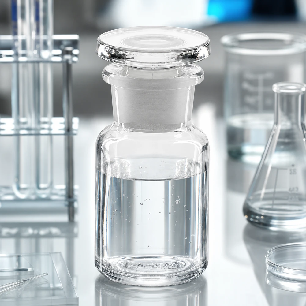 Flacon de laboratoire à col large de 50 ml en verre transparent, muni d'un bouchon en verre, posé sur un plan de travail de laboratoire blanc