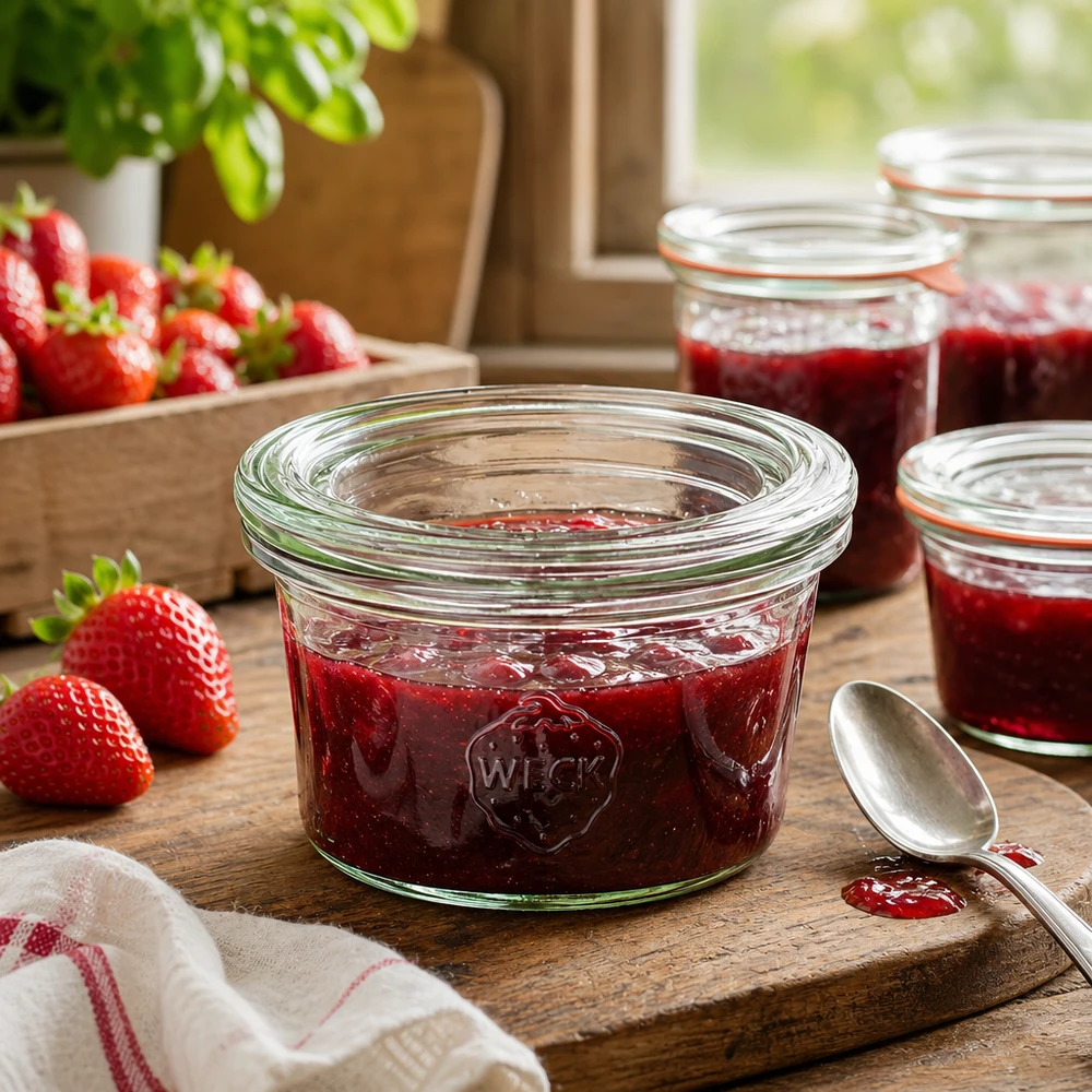 WECK Pot de 50ml rempli de confiture de fraises sur une planche en bois à côté de fraises fraîches dans une cuisine rustique