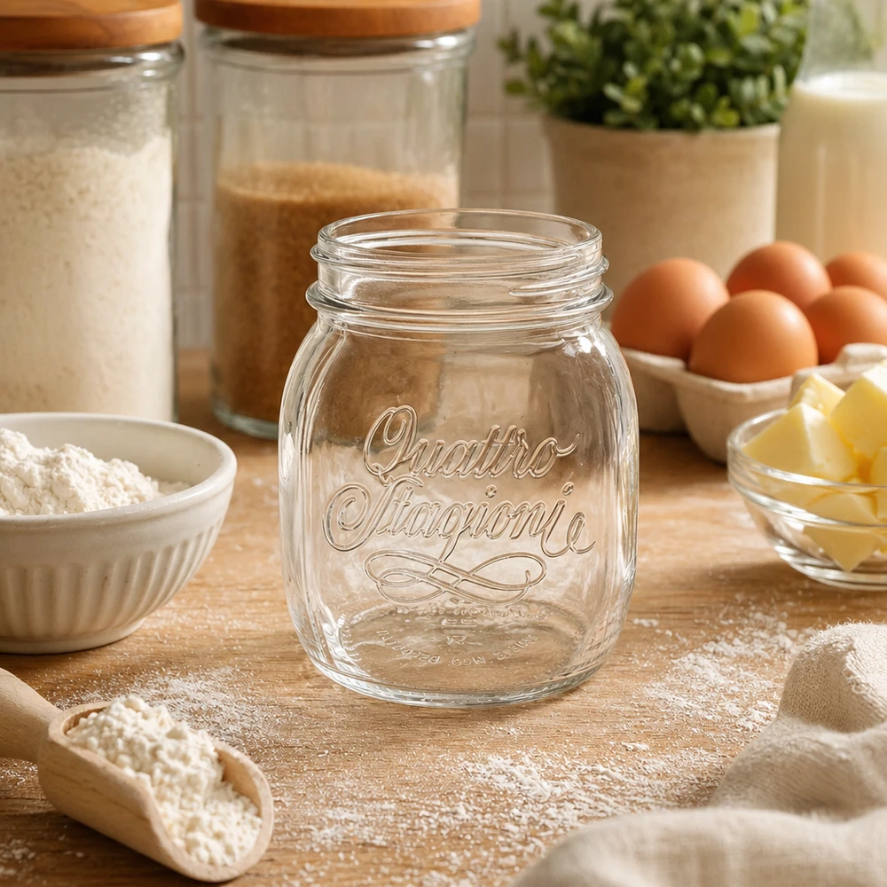 700ml Verre rond "Quattro Stagioni" QS86mm 700ml Quattro Stagioni verre de ménage vide sur table en bois entouré d'ingrédients de boulangerie farine oeufs et beurre dans la cuisine