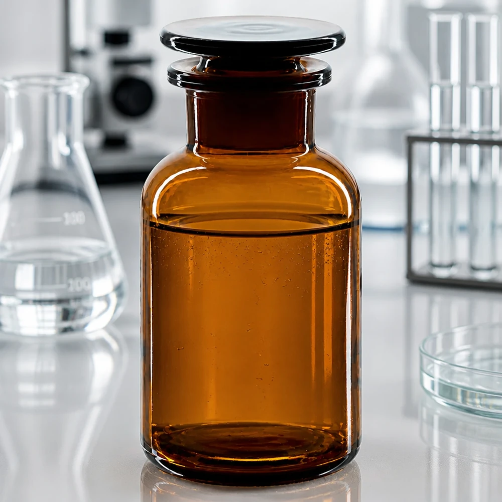 Photo de laboratoire : flacon brun à col large de 250 ml, bouchon en verre, entouré de fioles Erlenmeyer et de tubes à essai