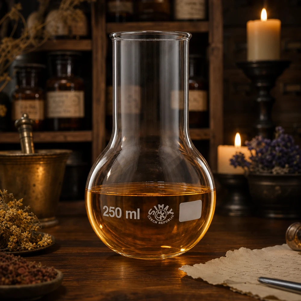 Flacon vertical 250ml en verre résistant à la chaleur avec liquide doré dans une ambiance de laboratoire vintage