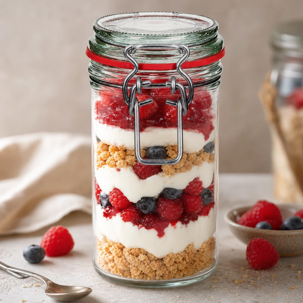 Pot à provisions de 272 ml avec fermeture à étrier rempli d'un dessert stratifié de baies, de yaourt et de miettes de biscuits
