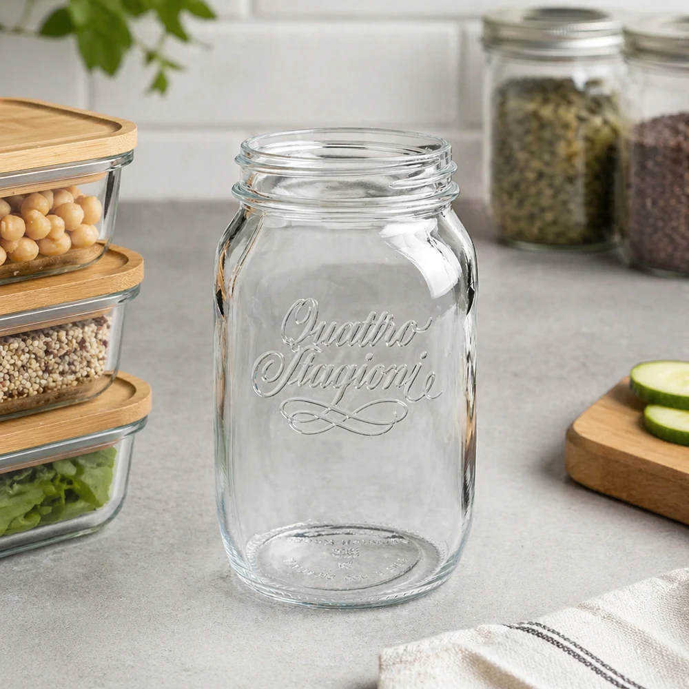 1000ml Quattro Stagioni Verre de ménage vide sur le comptoir de la cuisine avec des bocaux à provisions et une planche en bois en arrière-plan