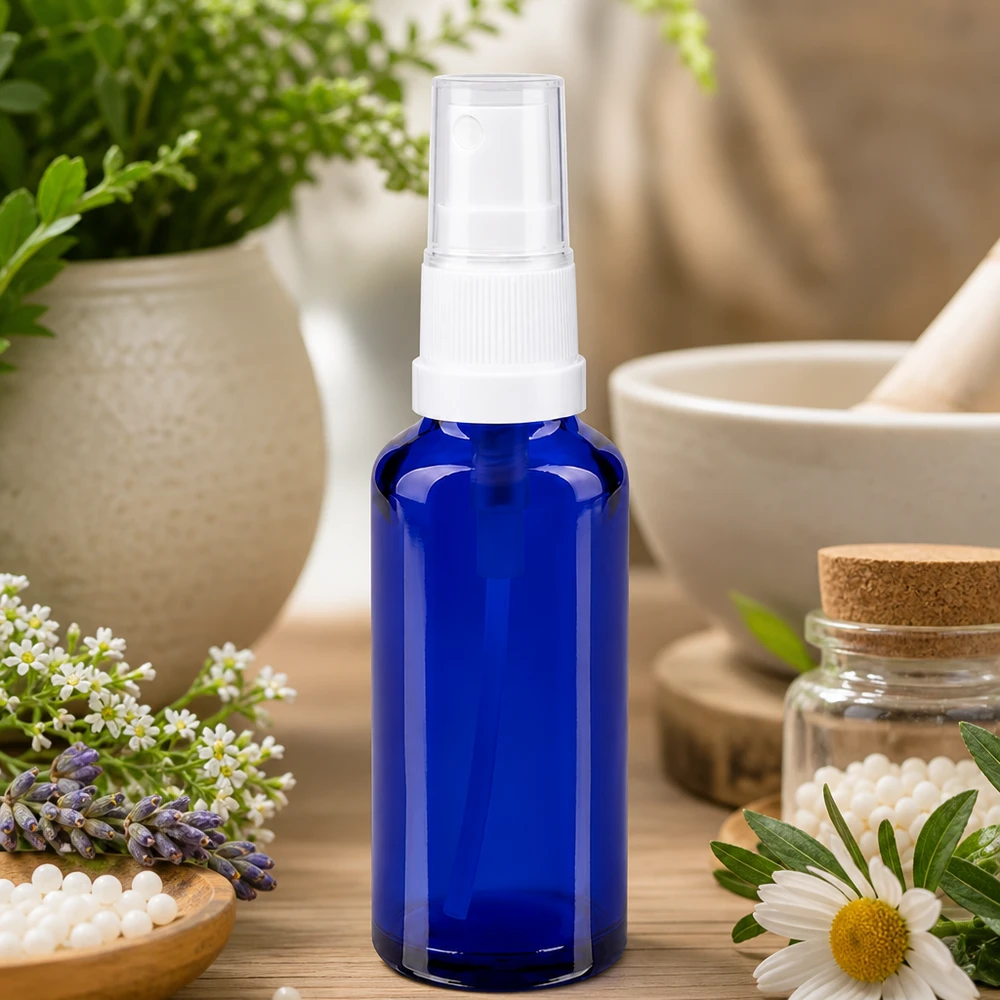 Flacon de pharmacie bleu 30ml embout spray blanc Flacon vaporisateur en verre bleu de 30 ml muni d'une pomme vaporisatrice blanche, entouré de lavande, de camomille et d'herbes médicinales