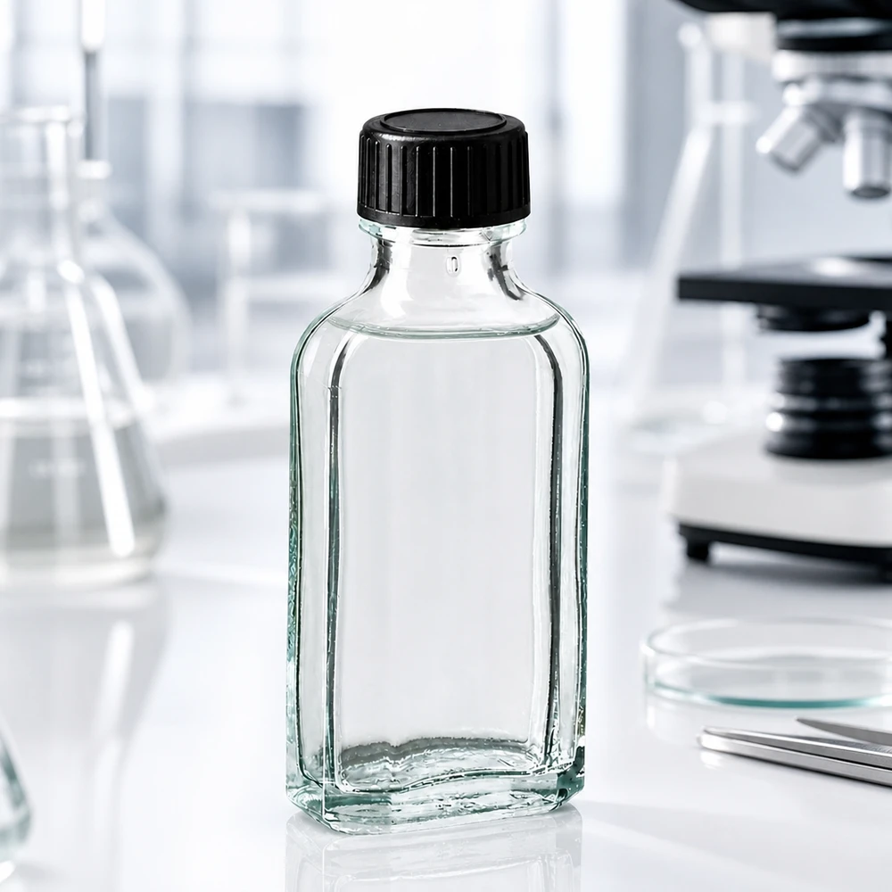 Flasque transparente de 50 ml au goulot DIN 22, avec bouchon à vis DIN 22 noir et joint PEE Flacon en verre transparent Meplat de 50 ml avec bouchon en plastique noir, utilisé en laboratoire