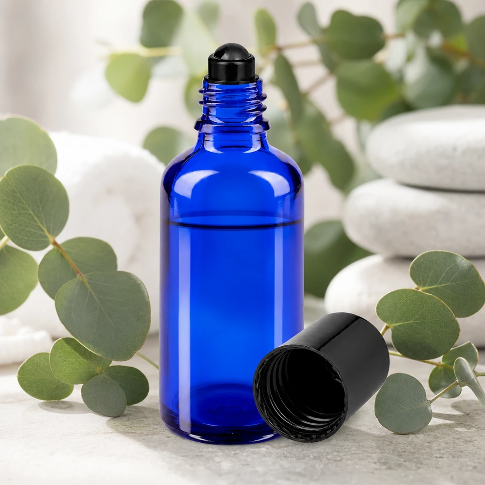 Flacon de déodorant en verre bleu 50 ml, déo à bille vide Flacon roll-on opaque bleu cobalt de 50 ml en verre anti-UV, muni d'un applicateur à bille noir