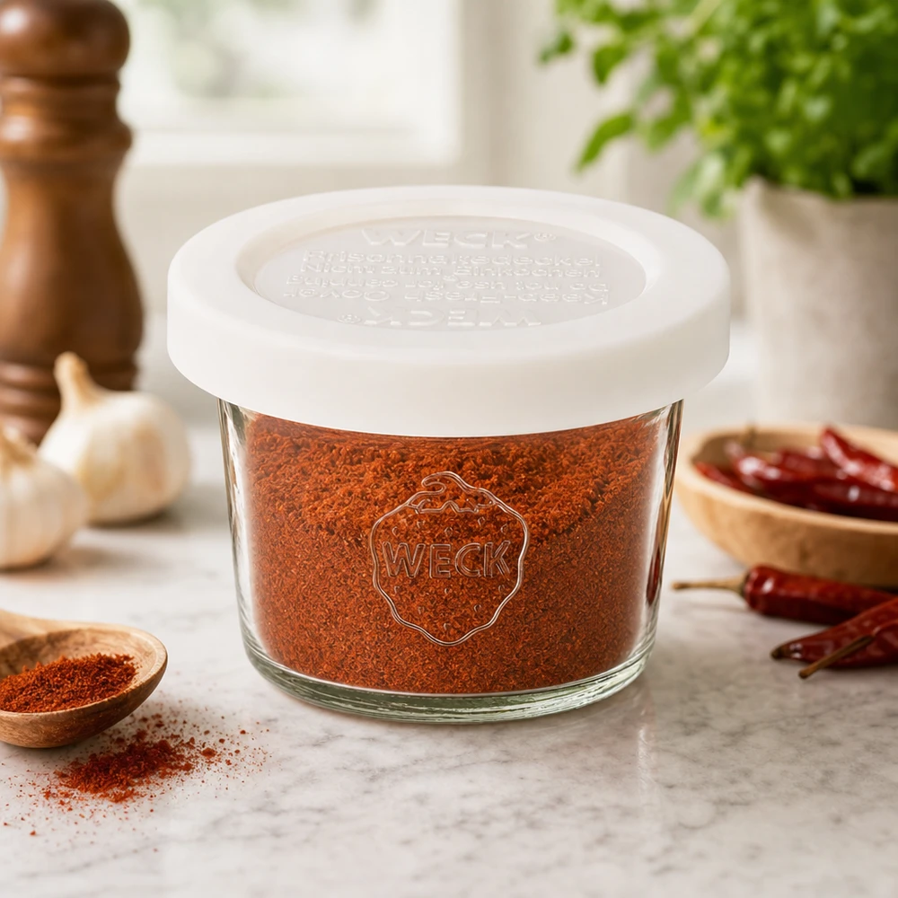 WECK Pot renversé 35ml RR40 rempli de paprika en poudre dans Ambiance cuisine avec épices et ail, conservation des épices