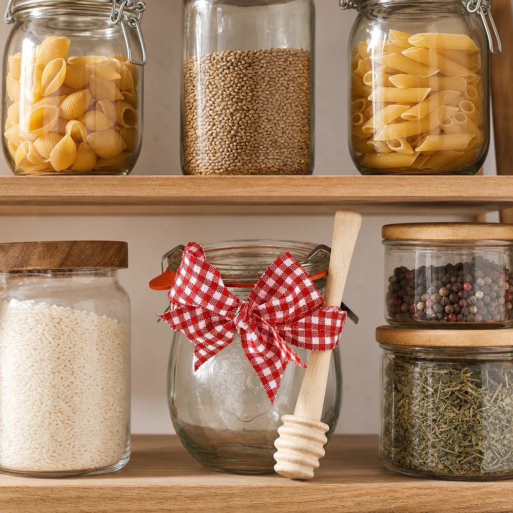 Mini bocal tulipe WECK 220 ml complet avec cuillère à miel et nud Armoire à provisions avec bocaux WECK pour pâtes et épices, mini bocal tulipe 220ml avec cuillère à miel comme décoration de cuisine