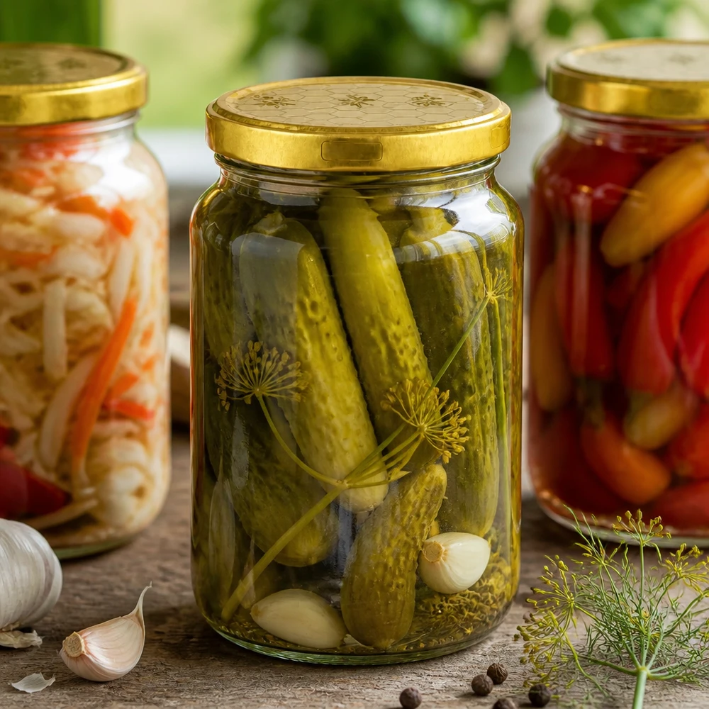 795ml Verre rond avec couvercle BasicSeal nid d'abeilles UNiTWIST Pot rond de 795ml avec couvercle doré pour les conserves - cornichons, choucroute et mixed pickles en pots de conservation