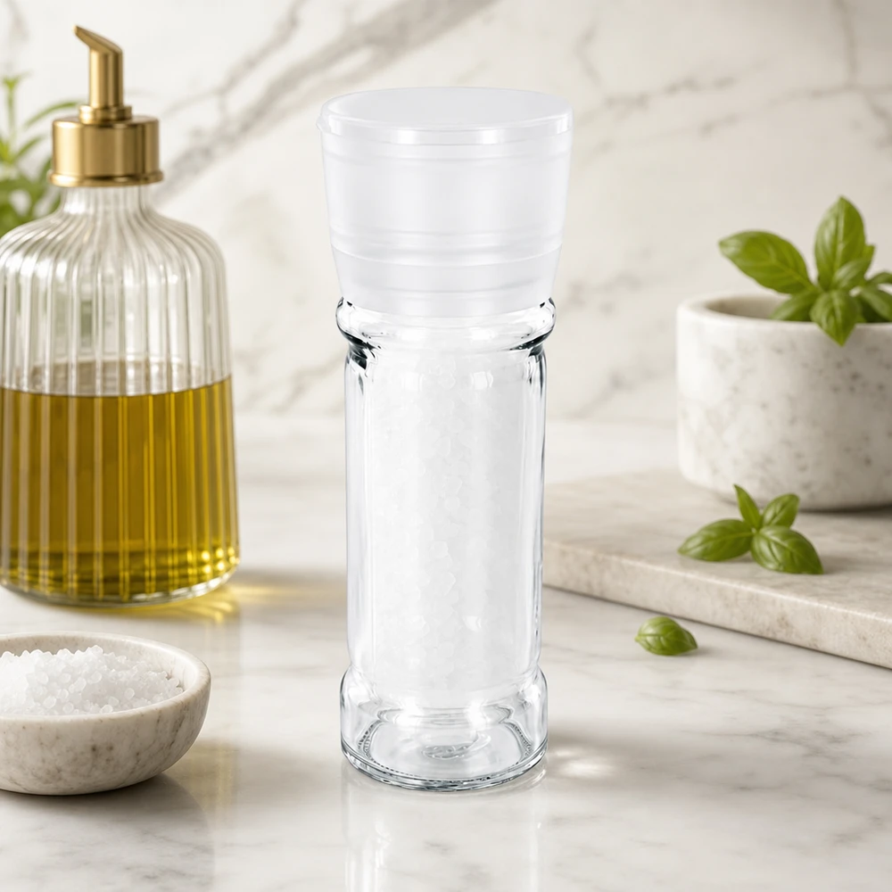 Moulin à sel de 100 ml en verre transparent avec un bouchon en plastique blanc, posé sur un plan de travail en marbre blanc