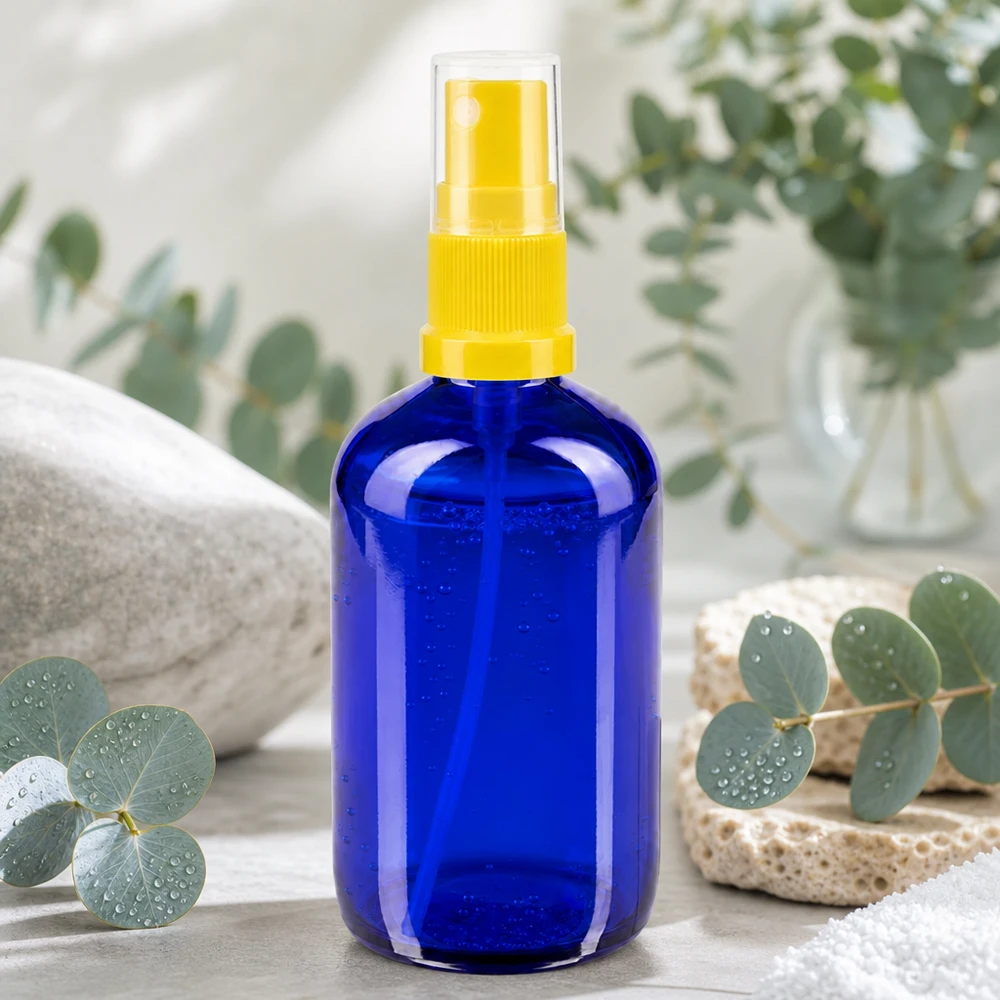 Flacon de pharmacie bleu 100ml embout spray jaune Flacon en verre bleu de 100 ml muni d'un vaporisateur jaune, entouré de branches d'eucalyptus et de pierres naturelles