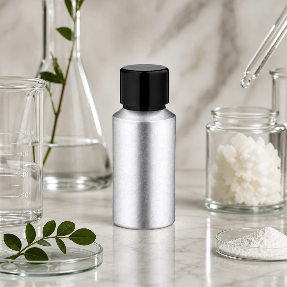 Bouteille métallique compacte de 30 ml avec bouchon noir, parfaite pour la médecine et la pharmacie