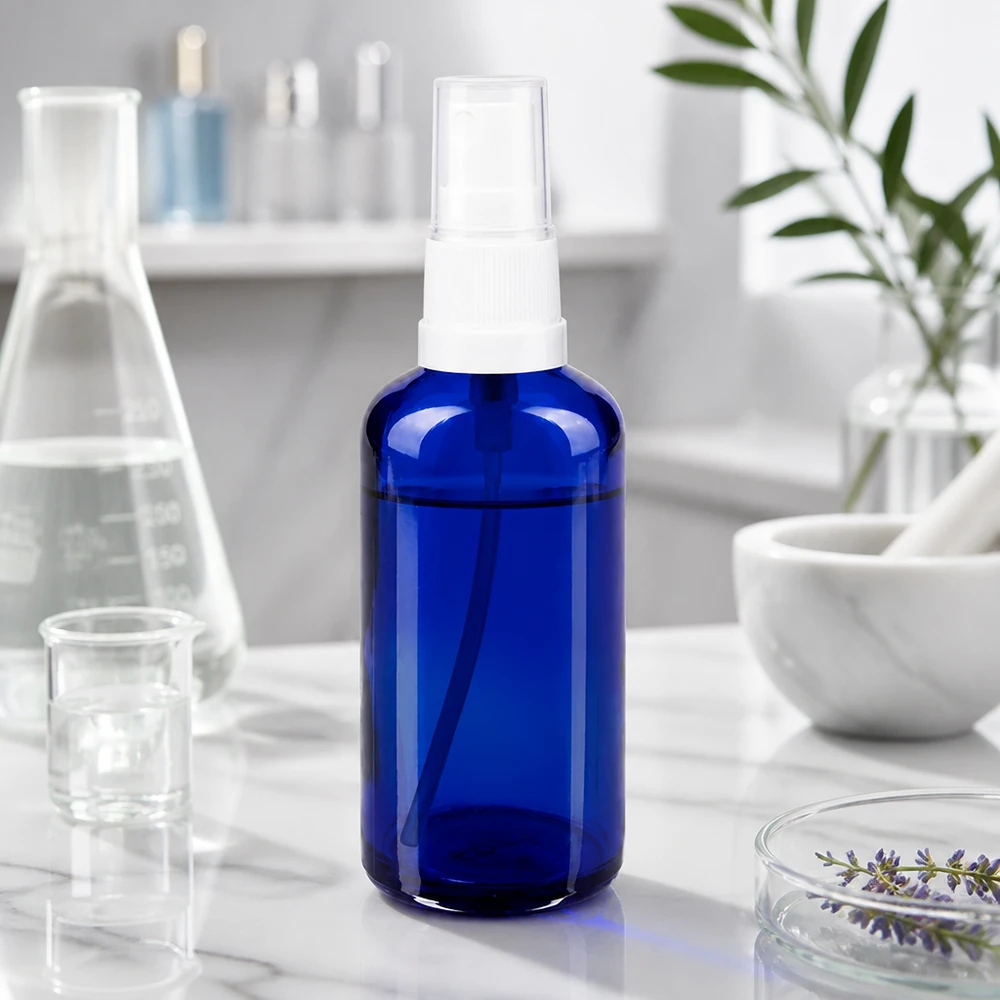 Flacon de pharmacie bleu 50ml embout spray blanc Flacon vaporisateur bleu de 50 ml à épaulement arrondi, en verre de pharmacie, avec tête de vaporisation blanche