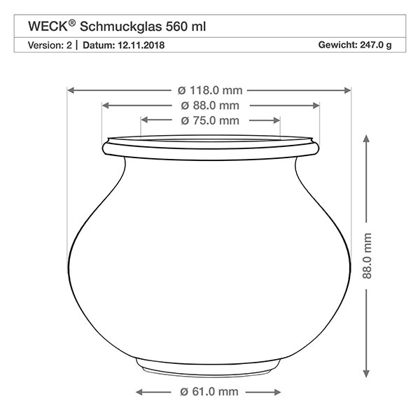 WECK Verre à bijoux 560ml RR80 dessin technique dimensions diamètre hauteur 118mm 88mm spécification produit poids 247g