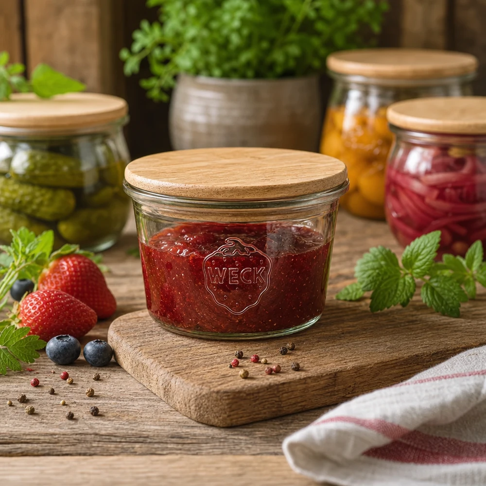 WECK Mini pot de conserve 35ml avec couvercle en bois rempli de confiture sur une planche en bois rustique à côté de baies fraîches