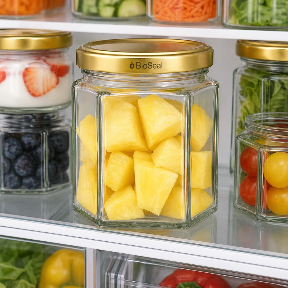 47ml Verre hexagonal avec couvercle BioSeal or UNiTWIST UNiTWIST Hexa47 Glasgefäß mit Ananas-Stücken im Kühlschrank - perfekt für frische Lebensmittel-Aufbewahrung