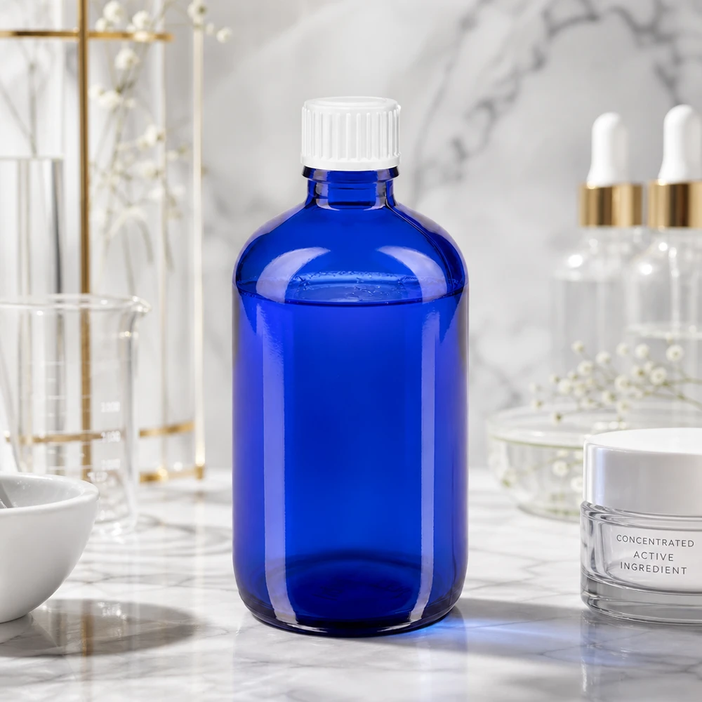 Flacon de pharmacie bleu 100ml bouchon vissable blanc standart Flacon en verre bleu de 100 ml muni d'un bouchon standard blanc, posé sur un plan de travail en marbre dans un laboratoire
