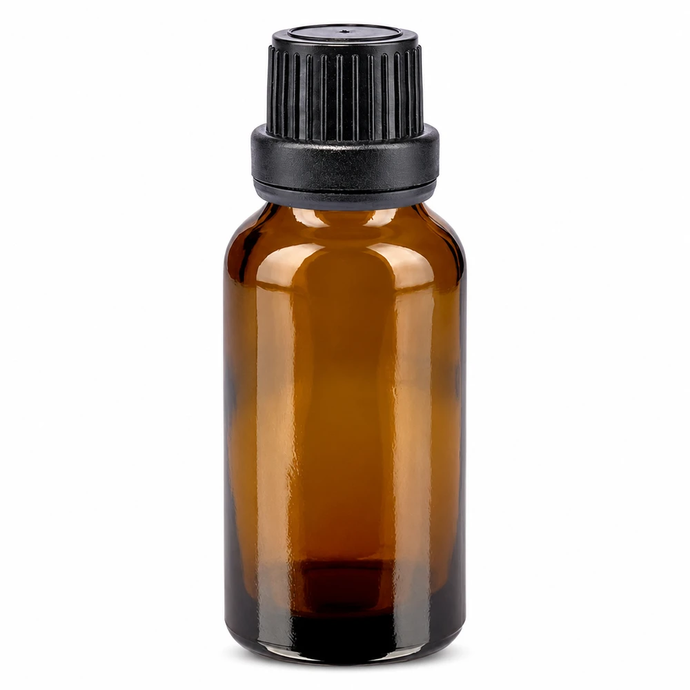 Flacon en verre brun de 20ml fermé par un bouchon vissable noir. Flacon de pharmacie brun de 20 ml avec bouchon d'inviolabilité noir de 11 mm, en verre brun de haute qualité