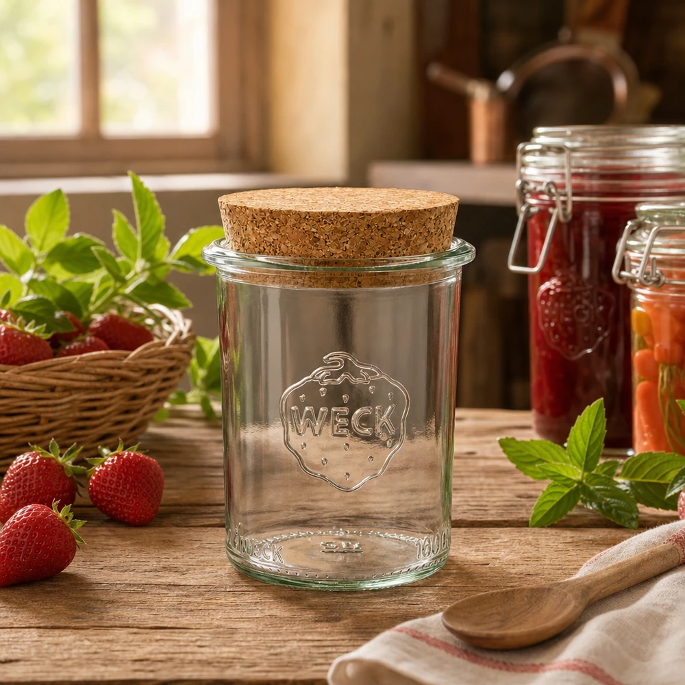 160ml bocal conique WECK RR60 avec bouchon nature WECK RR60 Pot de conserve 160ml avec couvercle en liège dans la cuisine rustique à côté des fraises et des pots de confiture
